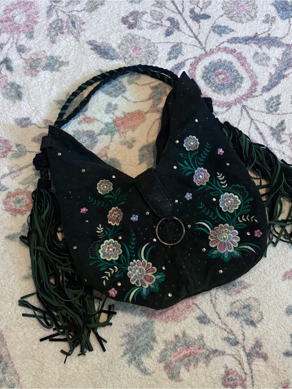 Free People Suede Black Floral Embroidered Fringe Hobo Bag with Ring Accent